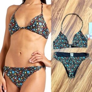 Ganni Black Floral Triangle Bikini with Multicolor Blooms